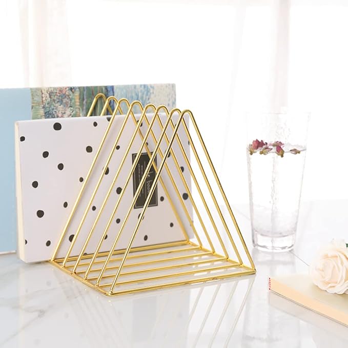 Sooyee 9 Slot Gold Magazine Holder, Desktop File Sorter Organizer Triangle Bookshelf Decor for Home Office, 10.2" L x 7" W x 6.9" H, Iron Wire