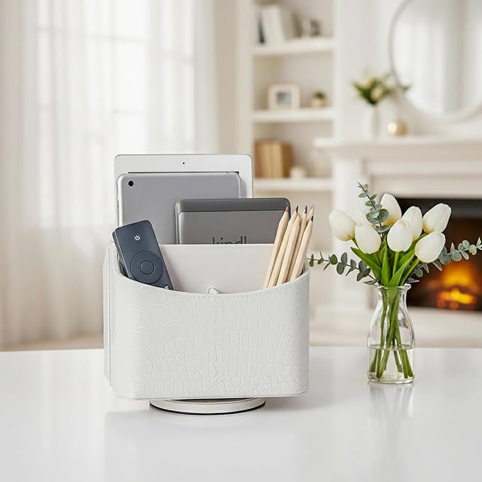 UnionBasic Rotating Desk Organizer, 360 Desk Spinning Caddy, Desktop TV Guide/Mail/Media/Remote Controller Holder Organizer, Crocodile White