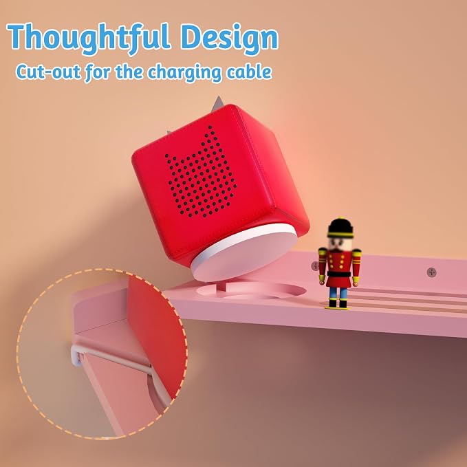 for Tonies Shelf Magnetic - 1 Tier Wooden Tonies Figure Organizer, Pink | Tonies Box Holder, Magnetic Display Shelf for Kids Room, Wall Floating Shelves Toy Storage Compatible Charging Station