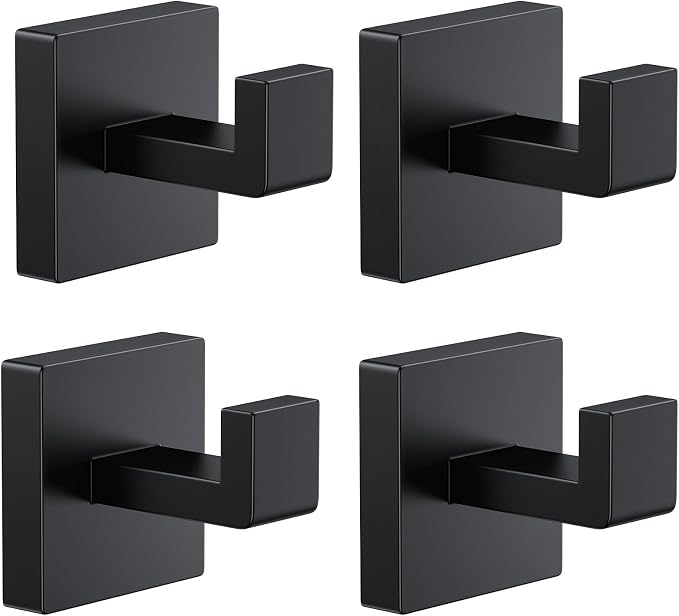 Kruodop 4 PCS Towel Hooks for Bathroom, Wall Mount Towel Holder, Black Matte Wall Robe Hook,Square Stainless Steel Door Hanger Towel Hook for Kitchen, Bedroom,Hotel,Pool,Coats