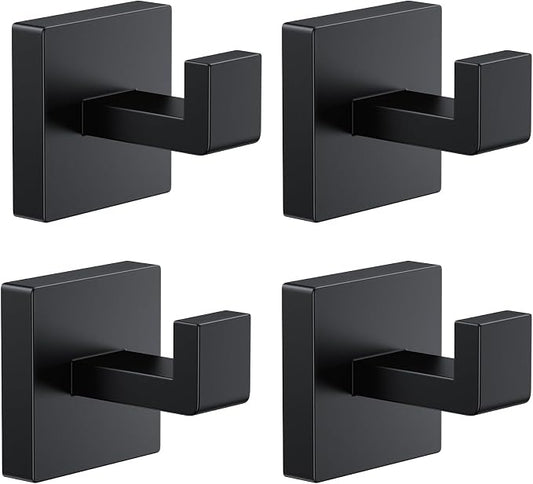 Kruodop 4 PCS Towel Hooks for Bathroom, Wall Mount Towel Holder, Black Matte Wall Robe Hook,Square Stainless Steel Door Hanger Towel Hook for Kitchen, Bedroom,Hotel,Pool,Coats