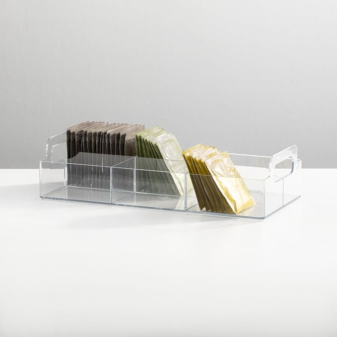 mDesign Compact Plastic Tea Storage Organizer Caddy Tote Bin - 6 Divided Sections, Built-in Handles - Holder for Tea Bags, Packets, Sweeteners and Small Packets - Lumiere Collection - Clear
