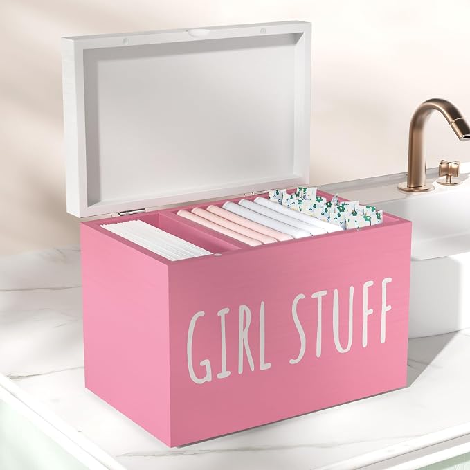Tampon Holder for Bathroom with Hinged Lid, Feminine Product Organizer, Bathroom Period Products, Toilet Organizer, Bathroom Accessories Box for Girl Stuff (Pink)