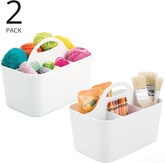 mDesign Plastic Portable Craft Storage Organizer Caddy Tote, Divided Basket Bin w/Handle - Craft, Sewing, Art Supplies - Holds Brushes, Colored Pencils - Lumiere Collection - White, 2 Pack