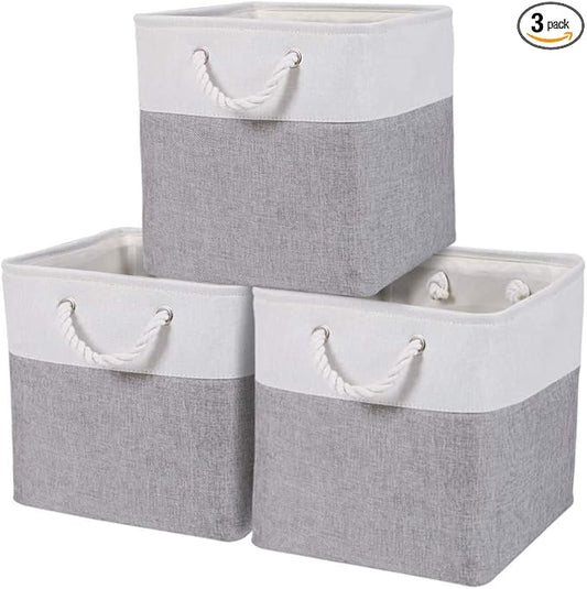 DECOMOMO Cube Storage Bin 13x13, Fabric Storage Bins, Kallax Storage Cubes (Grey & White, 3 Pack)