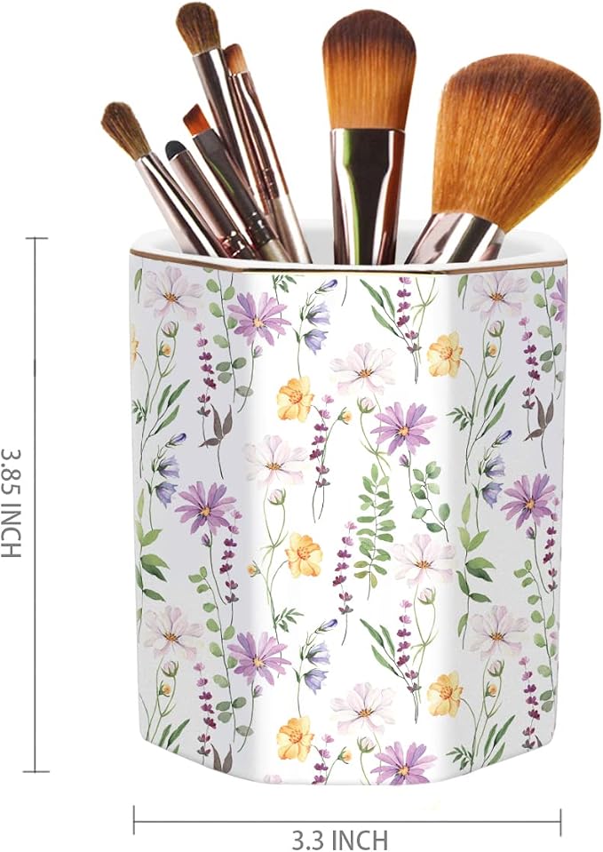 Ceramic Floral Pencil Pen Holder, Cute Stationery Holder for Office, Makeup Brush Holder for Girl Women, Pretty Flower