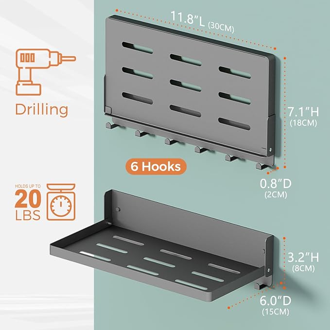 Small Folding Metal Shelf with Hooks, RV Fold-Down Wall Shelf, 6 Hooks, Drop Down Floating Shelf for Laundry Room, Kitchen, Bedside, Toilet Room, Bathroom, Utility, Black（11.8", 1 Pack）