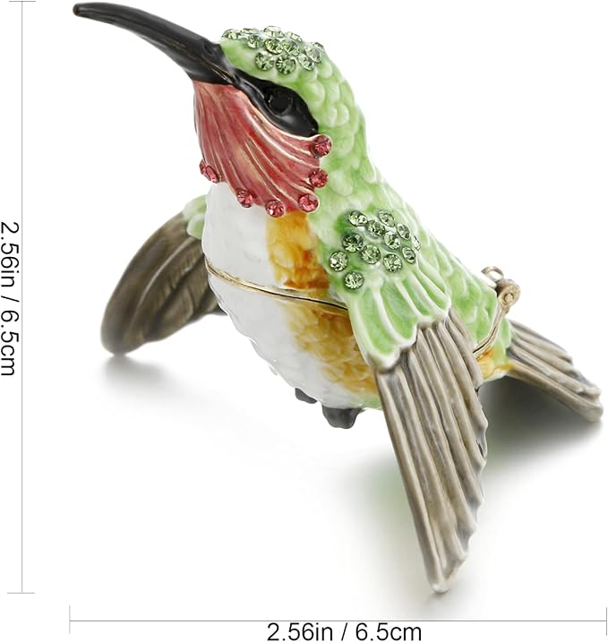 Hand Painted Enamel Hummingbird Trinket Box for Home Decor, Hinged Jewelry Organizer for Ring Earrings, Unique Figurine Keepsake Collectible Personalized Handmade Ornament Gifts (Green Hummingbird-1)