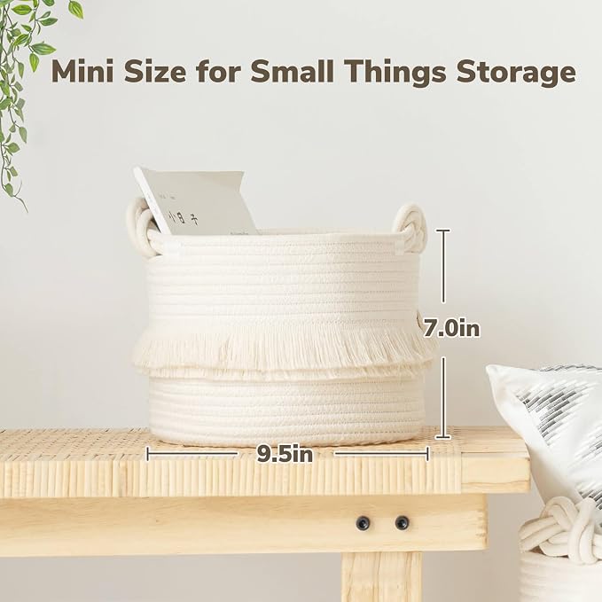 CherryNow Small Woven Storage Baskets, 9.5'' x 7'' inches Cotton Rope Decorative Hamper for Diaper, Blankets, Magazine and Keys, Cute Tassel Nursery Decor - Home Storage Container, Off-white