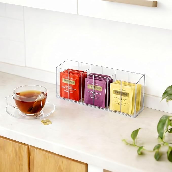 AIEVE Drink Packet Organizer, Water Drink Packet Holder with Removable Divider, Water Flavor Packet Organization Container for Kitchen Organizers and Storage (6 Compartments)