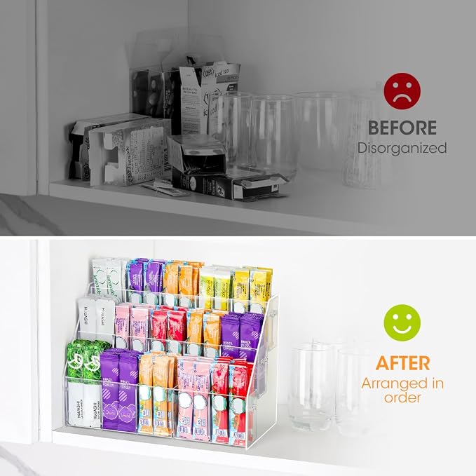AIEVE Drink Packet Organizer with 15 Compartments, Water Packet Organizer for Water Flavor Drink Mix, Easy Assembly Acrylic Sugar Packets Holder for Cabinet Kitchen Storage Organization
