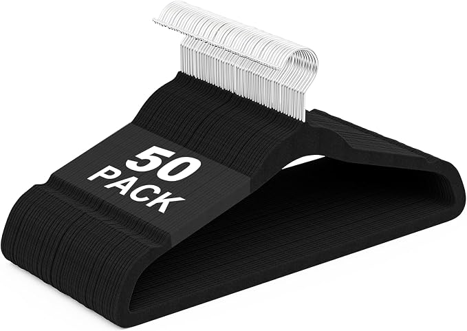 Velvet Hangers 50 Pack, Non Slip Clothes Hangers with Shoulder Notches, Slim Felt Hanger with 360° Swivel Hook, Space-Saving, Heavy Duty, for Coat, Shirt, Pants, Dress, Suits, Black