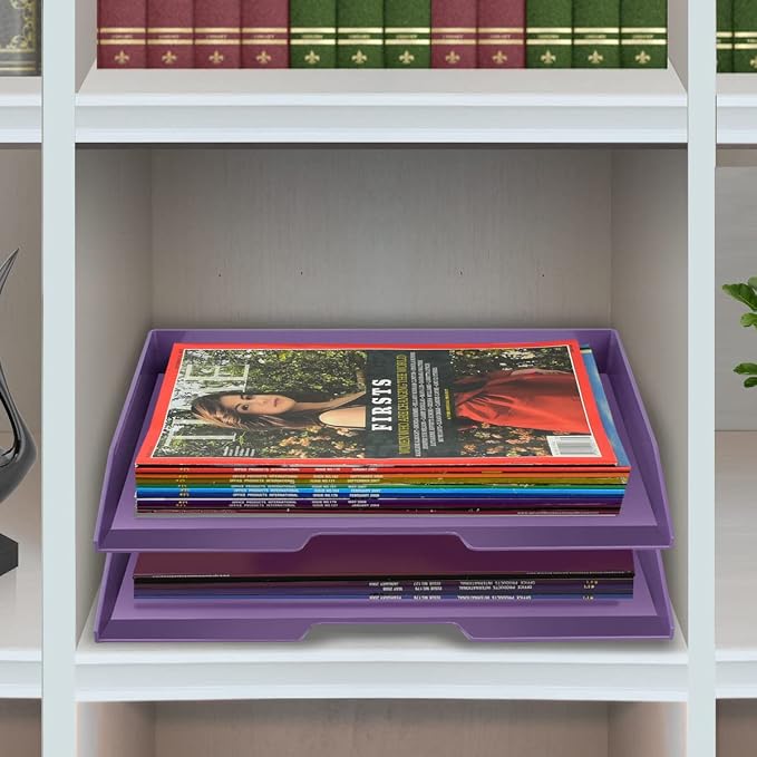 Acrimet 2 Tier Paper Organizer Letter Tray – Plastic Stackable Desk File Organizer, Side Load Paper Sorter for Letter/A4 Office File Folder Holder – Solid Purple