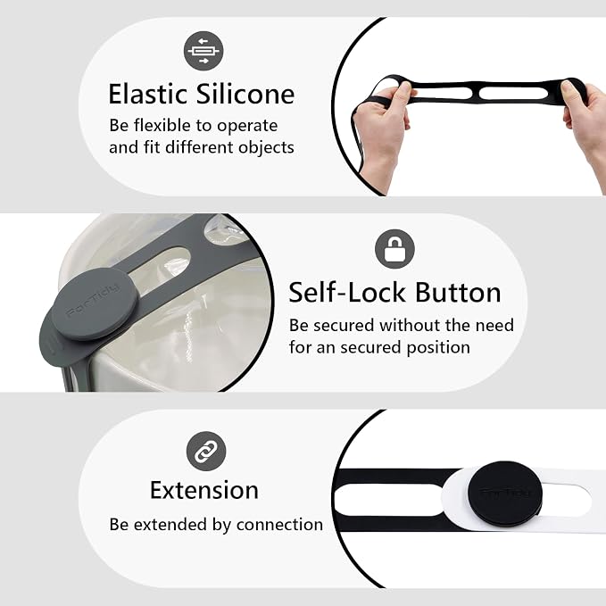 FORTIDY Silicone Latch Strap for Slow Cooker Lid, Patented Reusable Elastic Self-Locking Silicone Tie for Organizing Pot, Bento Box, Curtain, Cords, Yoga Mat, Camping Mat, 2pack (Black&Gray)