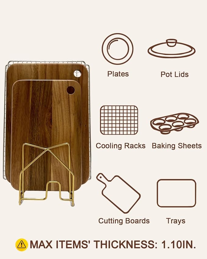 2 Pack Pot Lid Organizer Cutting Board Holder Inside Cabinet 304 Stainless Steel Pot and Pan Organizer Under Cabinet Cookie Sheet Bakeware Serving Tray Cooling Rack Stand Kitchen Countertop Matte Gold