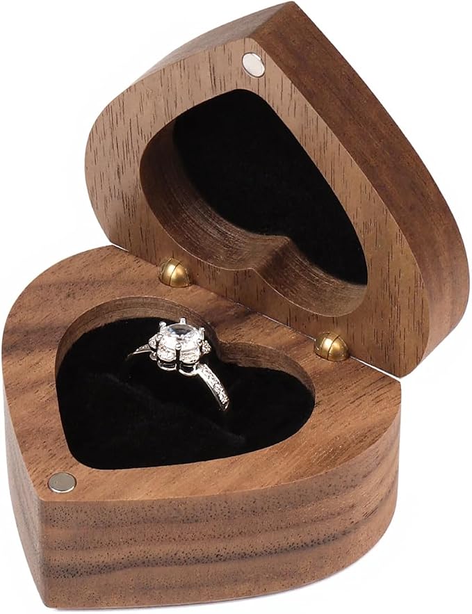 Engagement Proposal Ring Box Secret Slim Engraved Wooden Heart Case | Engrave"The adventure begins", Walnut Wood Ring Bearer Box Jewelry Storage Holder Display for Wedding Ceremony Commemoration