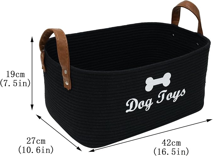 Geyecete X-Large Cotton Rope Dog Basket with Leather handle Blanket Storage Basket Decorative Clothes Hamper Basket | Extra Large Baskets for Blankets or Laundry-Black