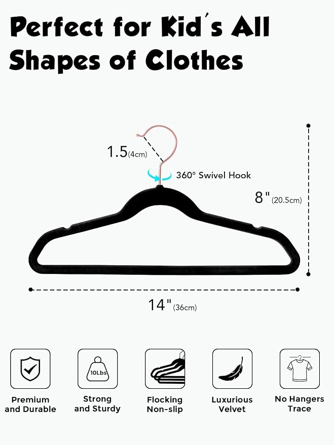 Smartor Kids Velvet Hangers 50 Pack, 14 Inch Premium Non Slip Kids Felt Hangers for Closet, Space Saving Toddler Clothes Hanger for Youth's Childrens' Clothes (Rose Gold Hook)- Black