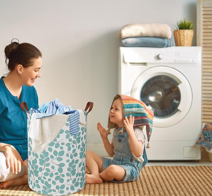 Laundry Baskets,Canvas Fabric Laundry Hamper,Collapsible Toy Storage Organizer Bins,Gift Basket for Bedroom, Clothes, Nursery,Kids,Boys (Eucalyptus leaves)