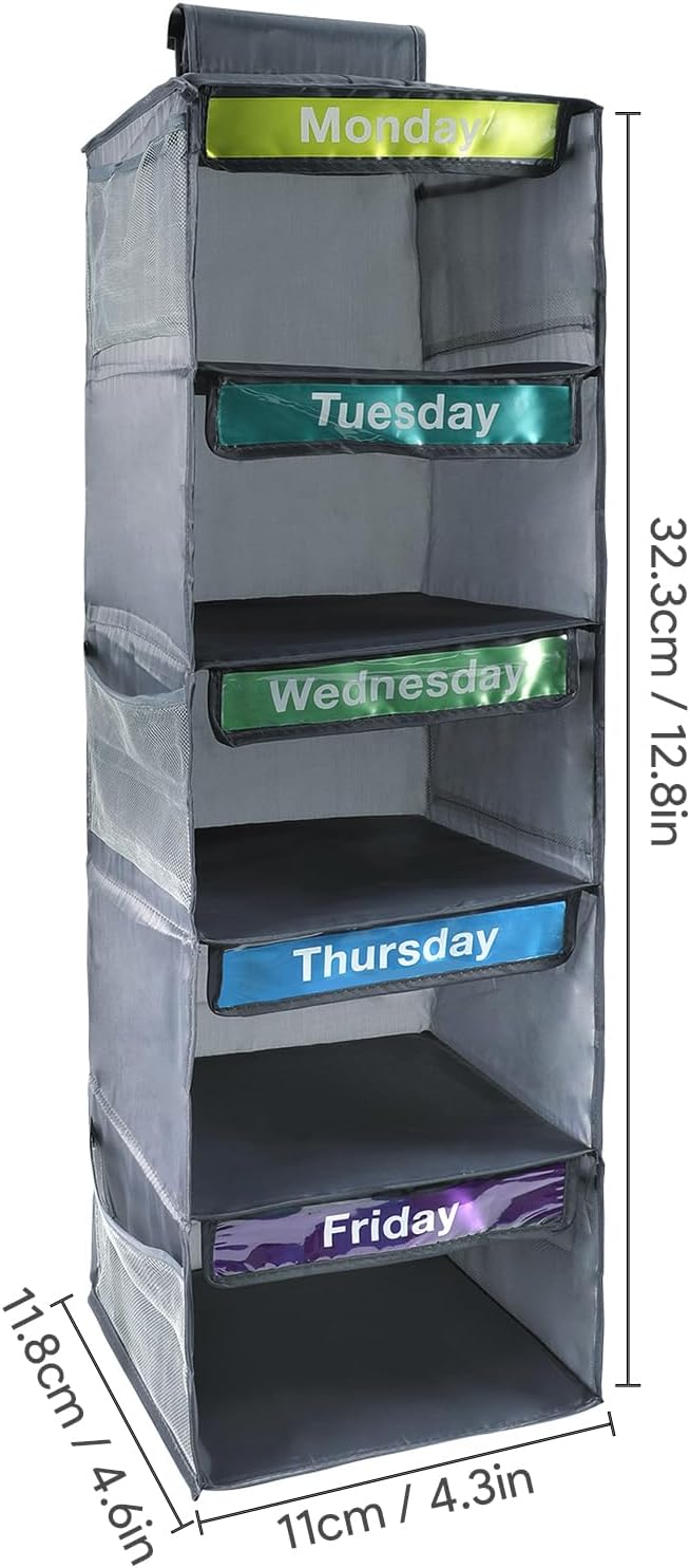5 Shelf Weekly Clothes Organizer for Kids Daily (Grey) | Days of The Week Clothes Organizer Kid Outfit, Weekday Hanging Closet Shelves with 6 Side Pockets Monday Through Friday