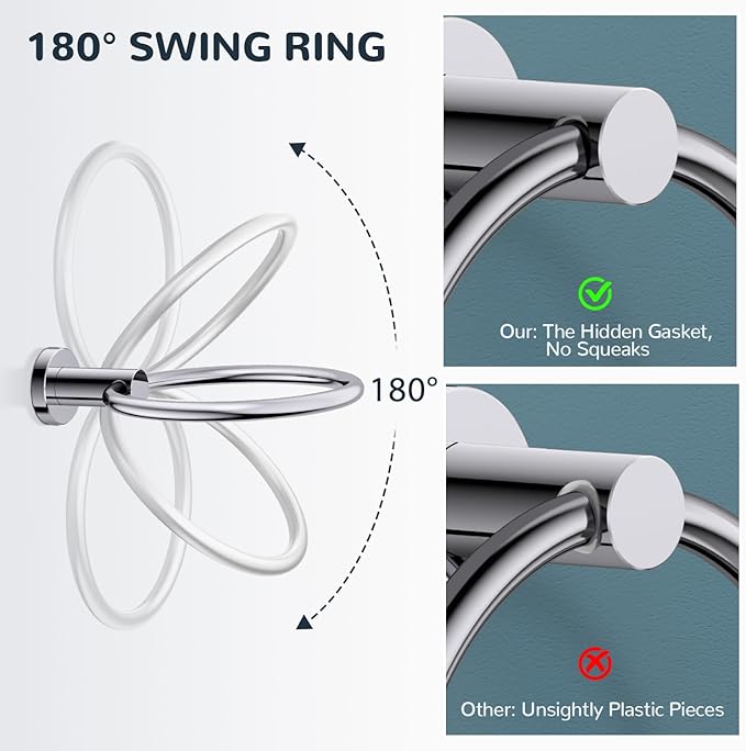 FORIOUS 4 Piece Bathroom Accessories, SUS304 Stainless Steel Toilet Paper Holder, Towel Ring and 2 Towel Hooks, Wall Mounted Bathroom Hardware Set (Chrome)