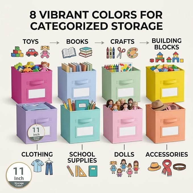 Lourome 11 Inch Cube Storage Bin with Label Window,8 Pack 8-Color Collapsible Storage Bins for Closet Organizers and Storage, Fabric Foldable Storage Cubes for Kids Room & Shelves
