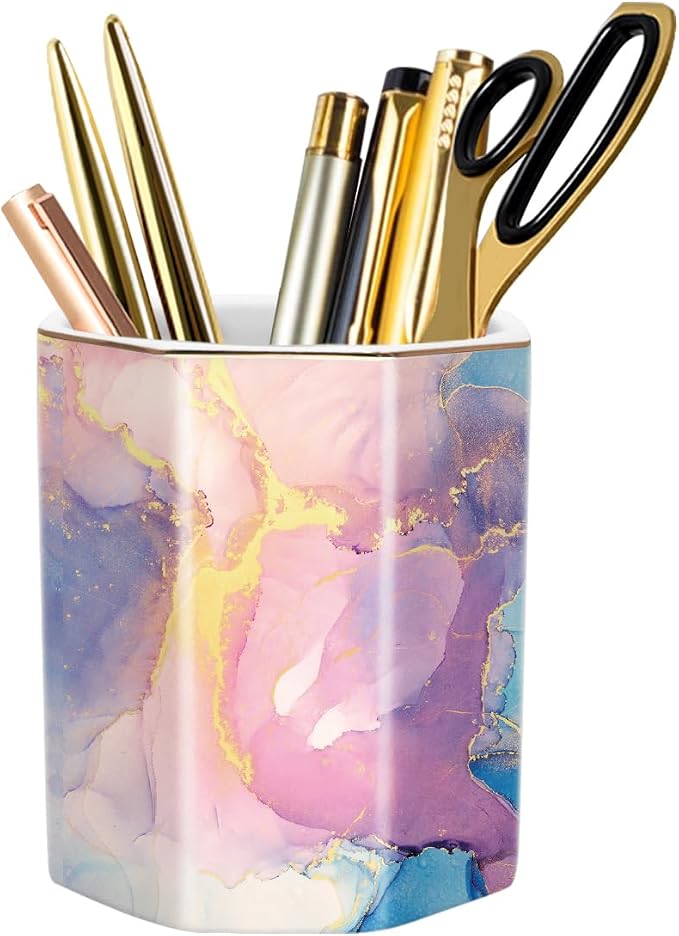 Pen Holder for Desk, Cute Ceramic Pencil Holder, Pen Cup Marker Holder Makeup Brush Holders, Desk Accessories & Workspace Organizers for Office, Home, Gold