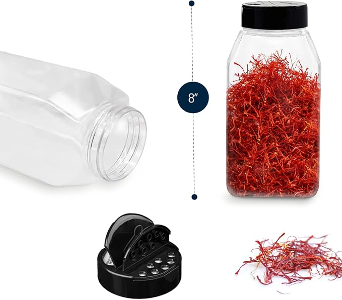 Plastic Spice Jars Bottle Containers with Black Cap, 32 Oz, 6 PACK | Clear Safe Plastic Bottle Containers with Shaker Lids, Lined Cap, PET Material, BPA-Free, Perfect for Herbs & Spices