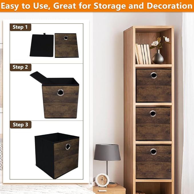 4 Pack Durable Storage Cube Bins with Wood Grain,Thickened Fabric Box,Storage Baskets for Open Shelf,Bookcase,Closet,Storeroom,Bedroom,Living Room,Nursery,Office,Dorm, 10.2x10.2x11in (Small)