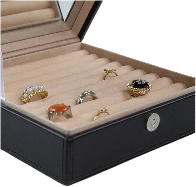 Glenor Co Ring Box Organizer - 54 Slot Classic Jewelry Display Case Holder - Storage Tray with Modern Buckle Closure, Large Mirror - Holds Rings and Cufflinks - Small for Travel - PU Leather - Black
