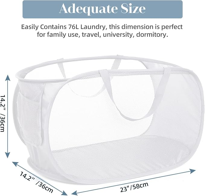 Strong Mesh Pop Up Laundry Basket, Collapsible Laundry Hamper with Side Pocket, Foldable Clothes Hamper with Durable Reinforced Handles for Laundry, Bathroom, Kids Room, Dorm or Travel 2 Pack White