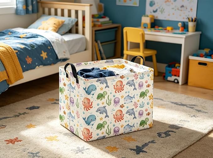 Rectangular Baby Kids Storage Basket for Home Kitchen Girls Cute Toy Storage Bin Organizer Shelf Book Room Decor(Cute Ocean)