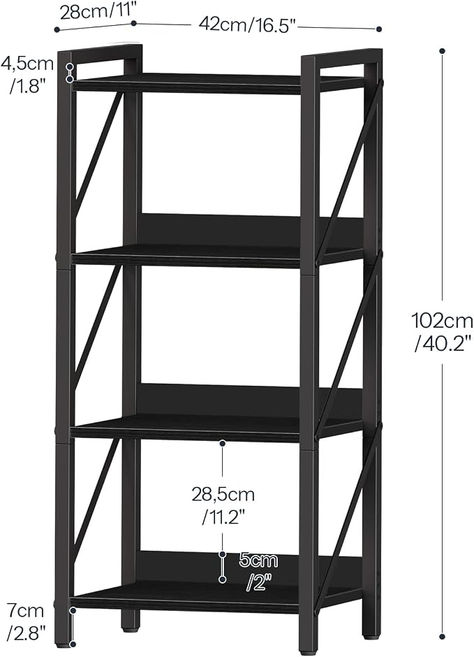 HOOBRO Bookshelf, 4-Tier Industrial Bookcase, Book Shelf Storage Organizer, Small Bookshelf with Metal Frame for Living Room, Bedroom, Home Office, Kitchen, Black BB40SJ01