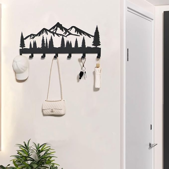 Key Holder for Wall, Metal Wall Hooks Organizer Rack with 7 Hooks for Keys, Coats, Bags – Decorative Home Decor for Entryway, Hallway, Kitchen, Living Room (12 Inches, Mountain)