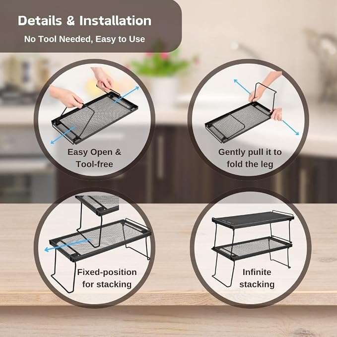 IBERG Stackable Cabinet Shelf Organizer, Set of 2 Metal Shelves (Black)