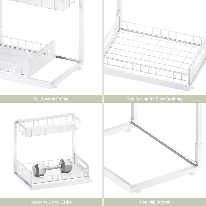 Under Kitchen Sink Organizer 2 Tier, Pull Out Bathroom Sink Organizers and Storage, Cabinet Kitchen Bathroom Storage Organization Shelf, 2 Pack White
