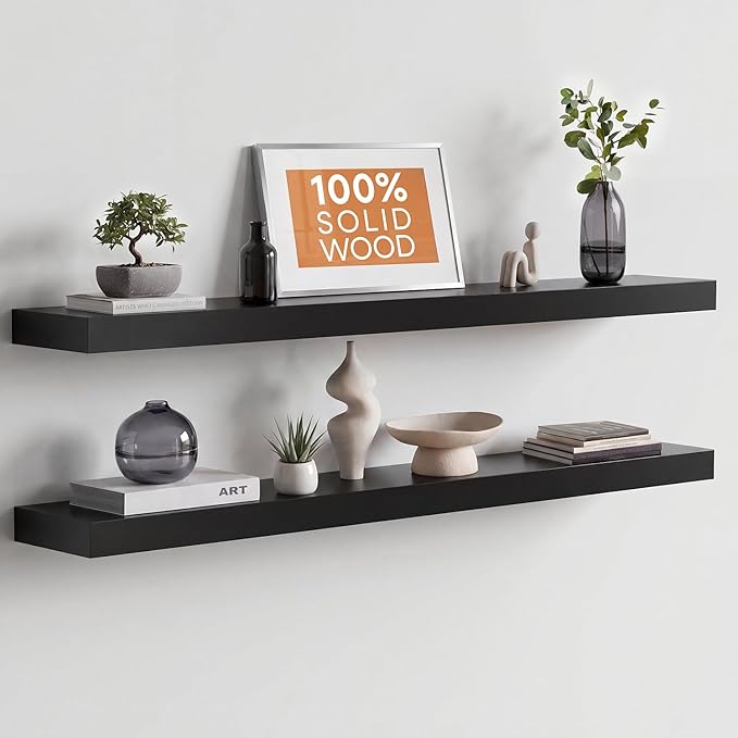 Homeforia Floating Black Shelf 42 inch, High End Solid Real Wood 42 inches Long Floating Shelves for Wall, Black Wooden 42inch Large Floating Shelves, Heavy Duty Bracket, 42 X 6.5 X 1.75 in, Set of 3