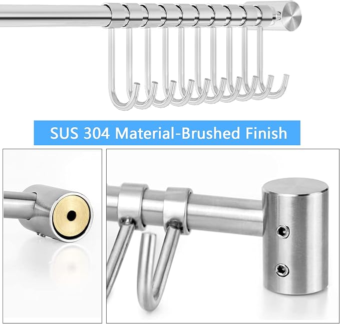 Audmore Kitchen Utensil Rack 2 PCS, 20.9” Pot & Pan Hanging Rack Wall Mount | 304 Stainless Steel Lid Cooking Utensil Hanger, 10 Sliding Hooks for Spatula Spoon, Measuring Cups, Coffee Mug, Space Saving
