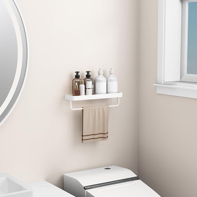 Danpoo 16 Inch Long Floating Bathroom Shelf with Towel Bar, Clear Tempered Glass Wall Shelf with Hand Towel Holder for Bathroom Storage Organizer, Matte White