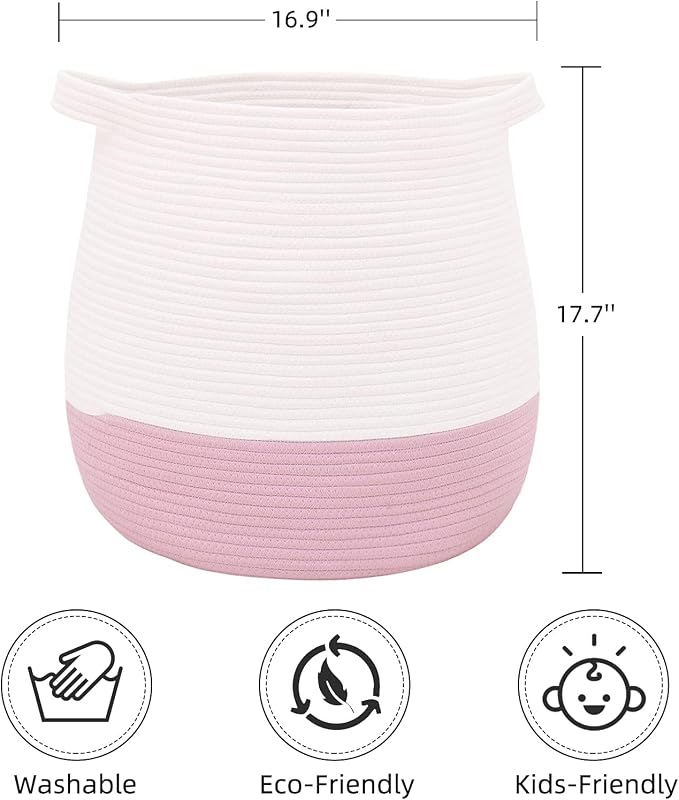 Large Cotton Rope Basket, Woven Storage Basket for Toy, Laundry and Blanket Organizer, Round Hamper Basket with Handles for Kid's Room 17.7"x16.9"