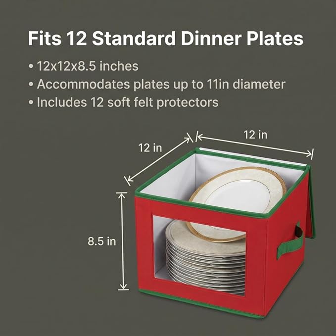 Household Essentials 536RED Holiday China Storage Chest with Lid and Handles | Dinner Plate | Red Canvas with Green Trim