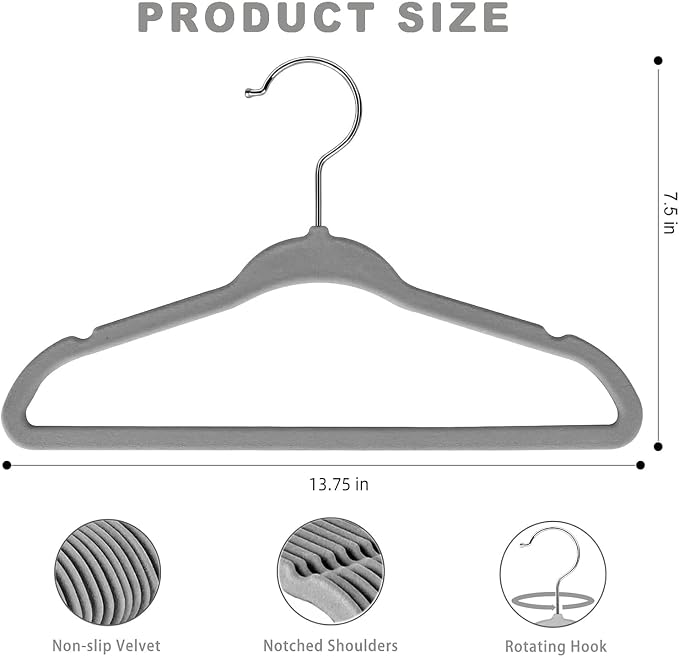 BAGAIL 50 Pack Kids Velvet Hangers 14 Inches Children's Clothes Hangers Non-Slip Baby Hangers for Infant/Toddler (Grey)