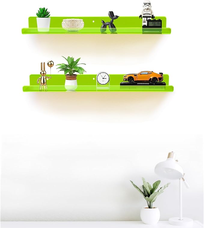 ROYALITA 2-Pack Acrylic Shelves Wall Mounted, 24 Inch Floating Shelves | for Small Items Plants Organize Wall Shelves for Gaming Room, Bedroom, Living Room, Office, Green