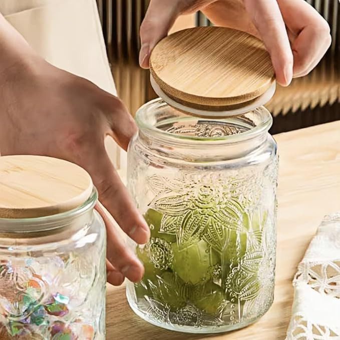 ANSQU Vintage Glass Jar with Lid, 23.7oz Airtight Glass Food Storage Container for Kitchen Counter, Pantry, Decorative Jar for Coffee, Tea, Sugar, Cute Jar