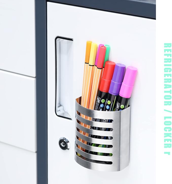 2 Pack Magnetic Modern Pen and Pencil Holder, Metal Writing Utensil Storage Organizer for Kitchen, Locker, Home, or Office, 3.25" x 1.75" x 3.50", Brushed Stainless Steel | Metal Writing Utensil Storage Organizer for Kitchen, Locker, Home, or Office, B...
