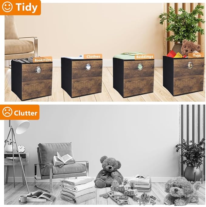 4 Pack Durable Storage Cube Bins with Decorative Wood Grain,Thickened Fabric Box,Storage Basket for Shelves,Closet,Storeroom,Bedroom,Living Room,Nursery,Office,Dorm,RV, 12x12x12in ( (Medium)