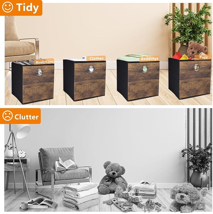 4 Pack Durable Storage Cube Bin with Decorative Wood Grain,Stylish Thickened Fabric Cube Box,Space-saving Storage Basket for Shelves,Closet,Office,Bedroom,Living Room,Nursery,Dorm,RV,13x13x13in(Large)