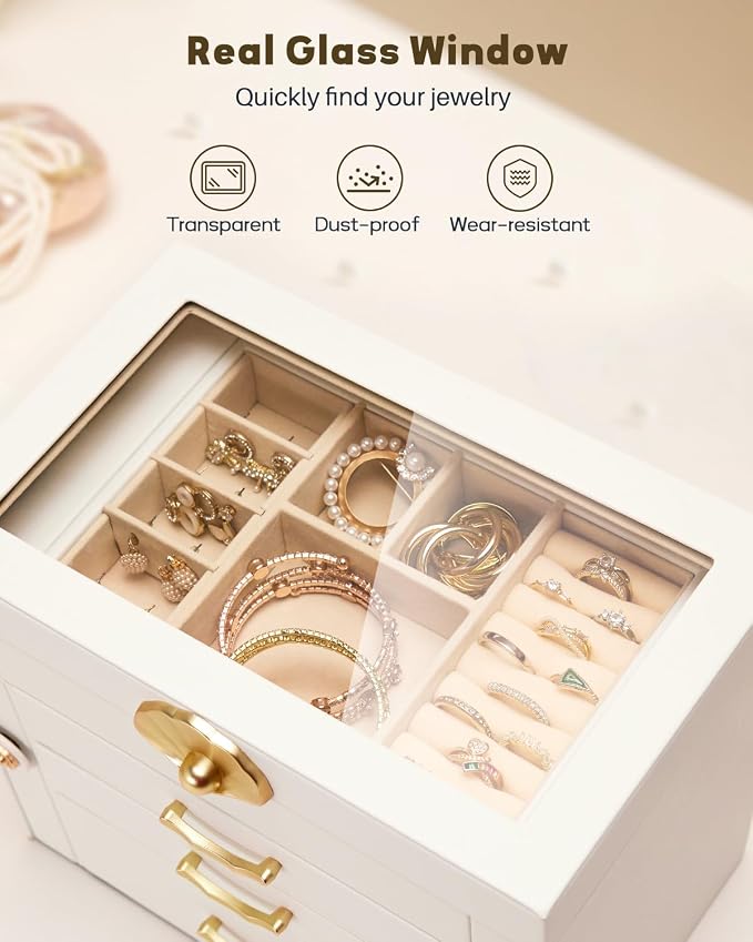 Enthralite Jewelry Box with 3 Drawers : Jewelry Display Organizer for Earrings Necklaces - Gift for Girls Women | White