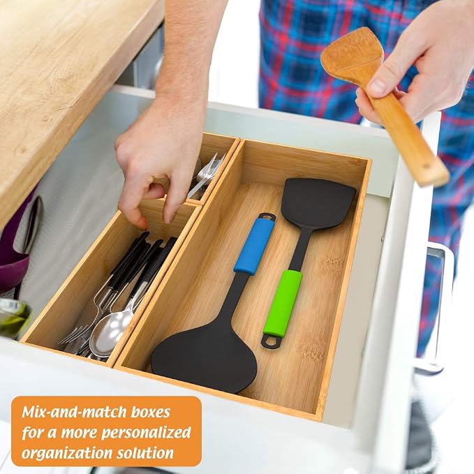 Bamboo Kitchen Drawer Organizer, Wooden Storage Box for Utensil Organizer Silverware Tray Cutlery Holder Flatware Containers - Multi-Use Deep Drawer Dividers Organizer for Bathroom, Jewelry, 9"3"2.5"