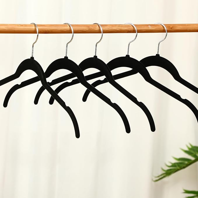 DoubleFill 50 Pack Velvet Hangers Non-Slip Shirt Clothes Hangers 360° Swivel Hook Slim Flocked Coat Hanger Heavy Duty Space Saving Felt Hanger for Women Men Pants Jackets Dress(Black)